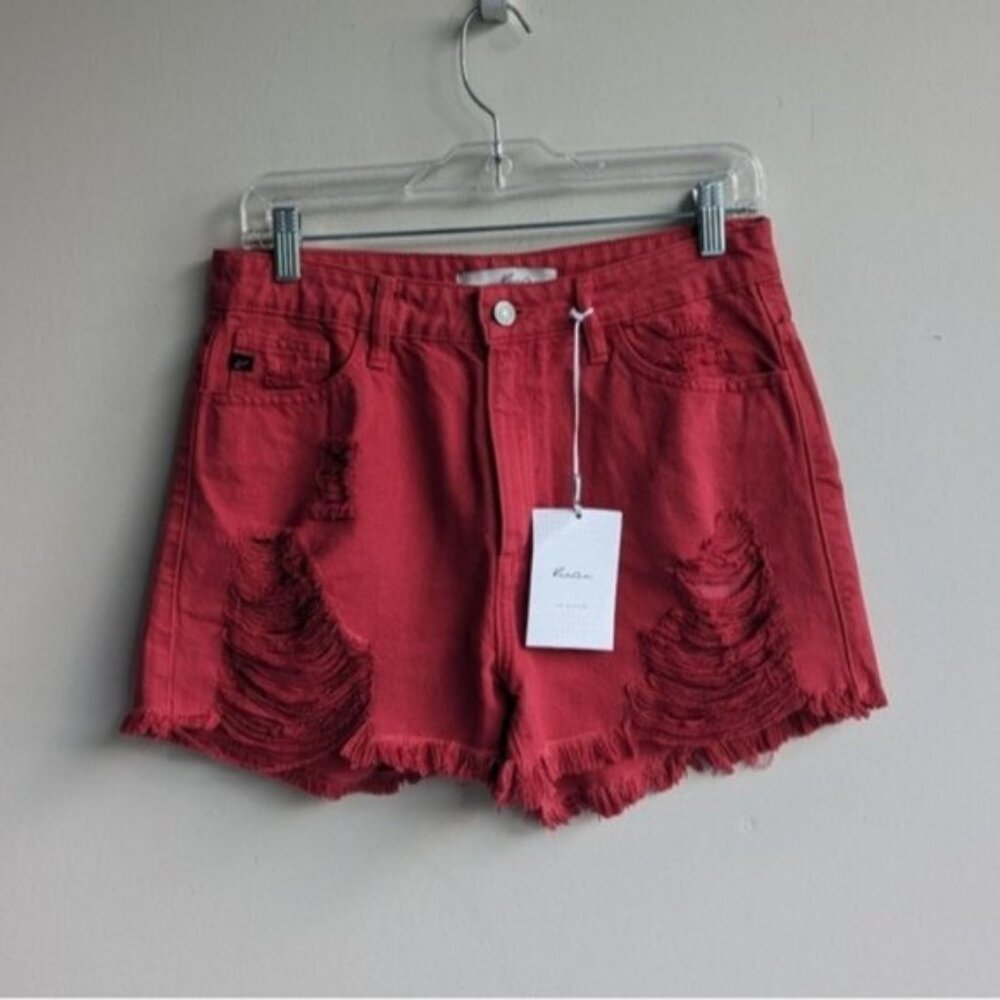 KanCan red distressed 100% cotton high rise denim shorts